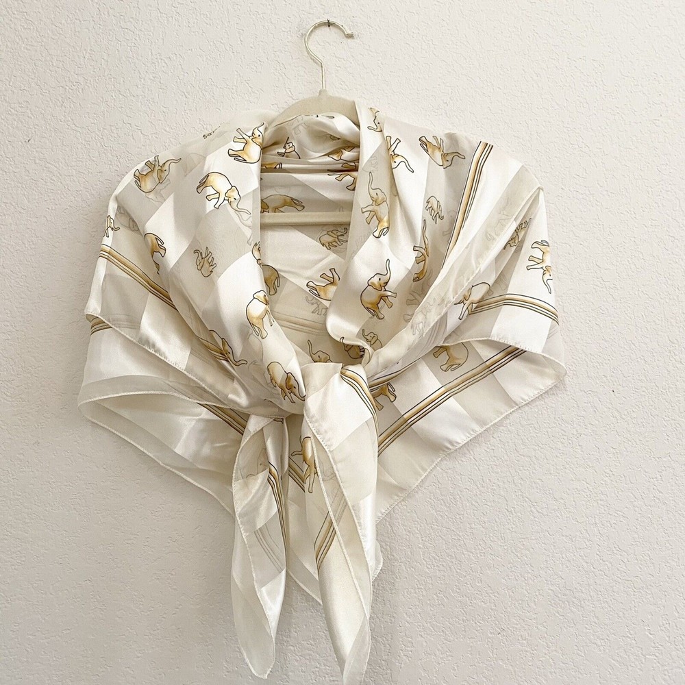 Elephant Satin Shear Cream Whimiscal Scarf ‎ 39” Square